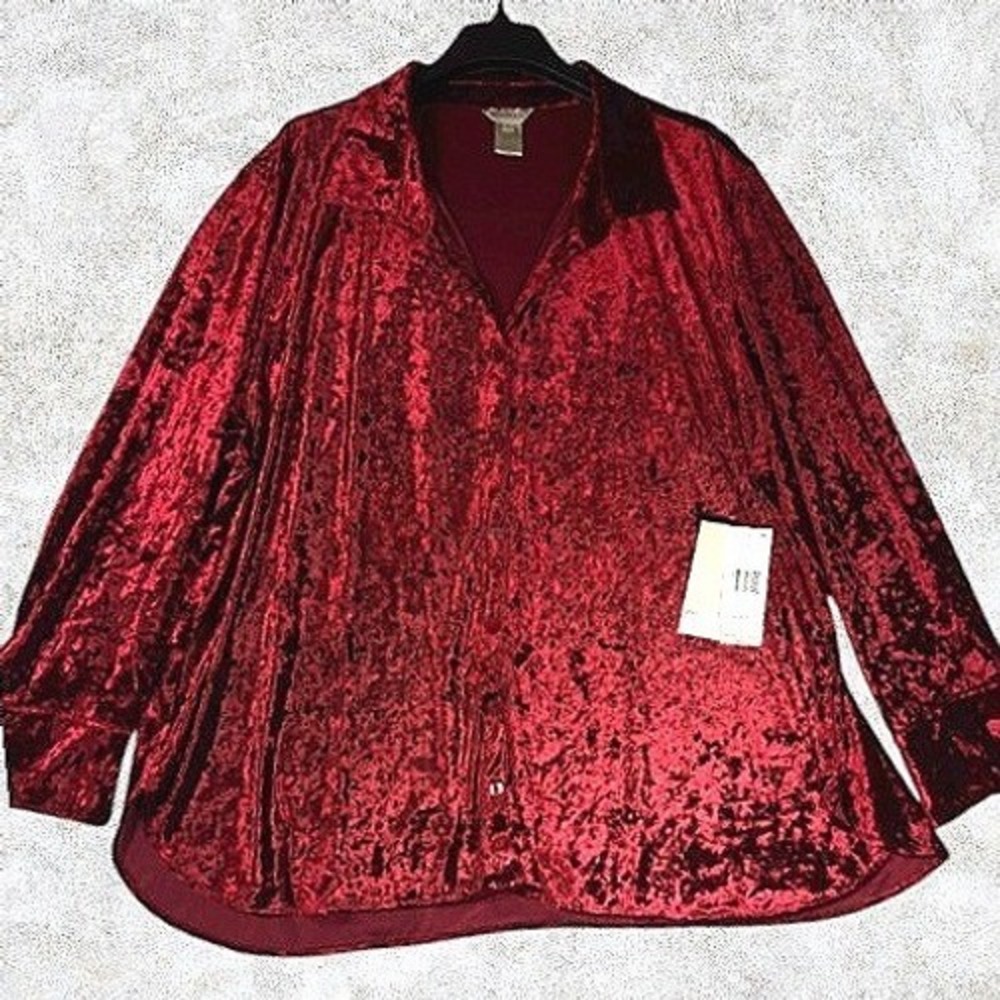 NEW Multiples Cranberry Red Crushed Velvet Button-Up Tunic Top 3X Plus Shimmer